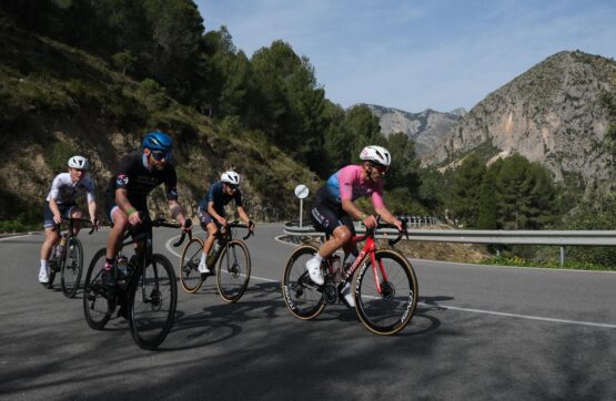 Cyclists training together on a mountain road